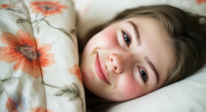 Young girl with rosy cheeks smiles gently from bed under a floral duvet