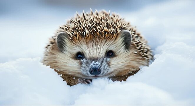 Adorable hedgehog peeking through soft white snow, looking curious