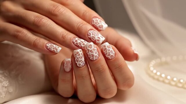Elegant Manicure: Close-up of hands adorned with a beautiful and intricate nail design, showcasing a delicate and feminine aesthetic.