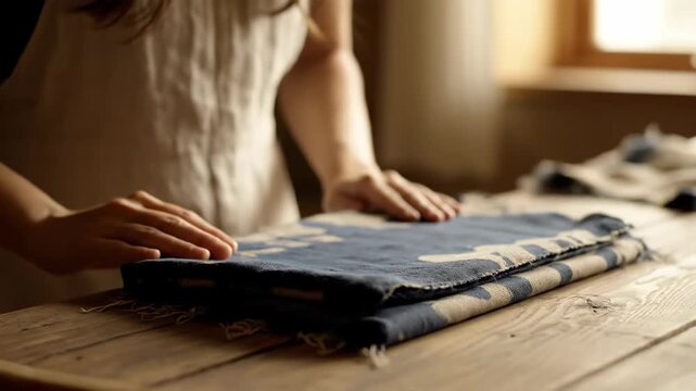 Person Folding Clothes on Wooden Table in Cozy Home Setting.