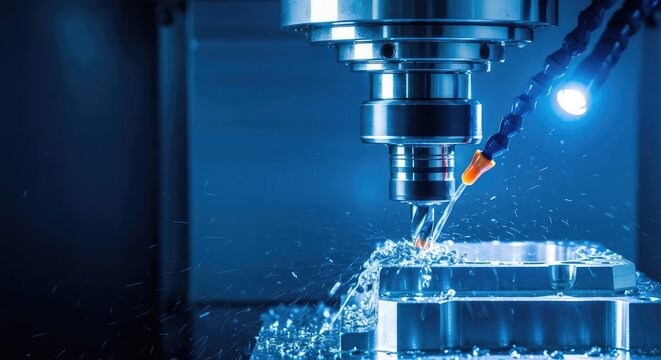 Precision CNC milling machine head cutting a steel part with blue industrial lighting, showing high-tech automated metalwork and engineering, industry, shiny, digital