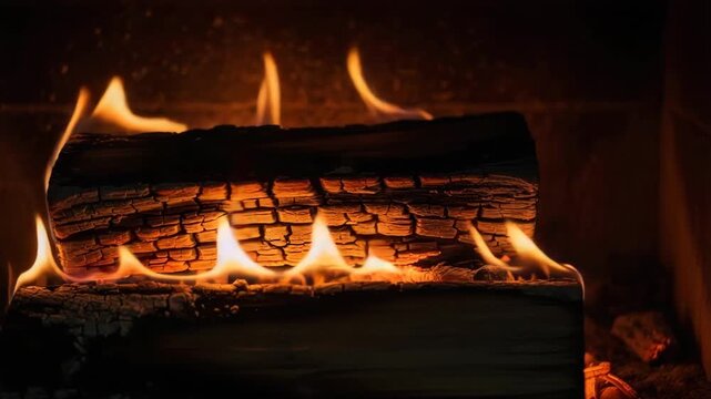 Flames dancing on a burning log in a cozy fireplace setting  