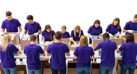 Obraz premium Rows of purple shirts fill the frame during a coordinated charity event focused on sorting and packing essential supplies for donation, collective, help, service