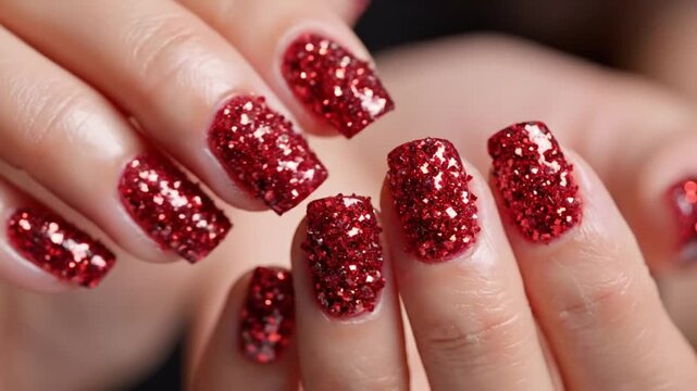 Crimson Sparkle: Captivating close-up of a hand showcasing a dazzling manicure with a vibrant glittery ruby nail polish, highlighting fashion and elegance.