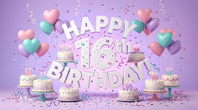 Happy birthday 16th celebration pastel cakes balloons and confetti party decor