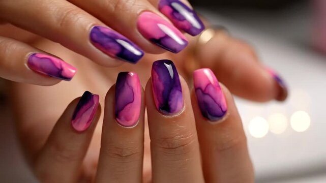 Vibrant Nail Art in Bloom: A close-up view showcasing elegant hands adorned with meticulously crafted nail art, featuring a stunning fusion of pink and purple hues.