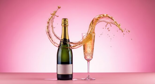 Sophisticated champagne bottle and crystal flute with a dynamic golden splash of sparkling wine captured against a vibrant pink background, movement, sophisticated, still life