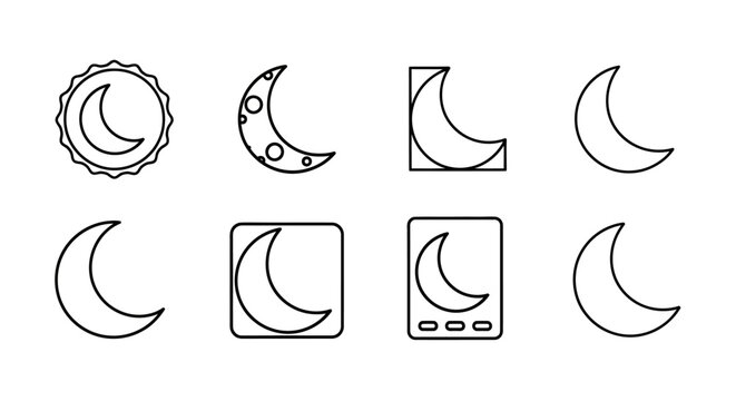 Set of eight moon crescent line icons, minimal celestial design