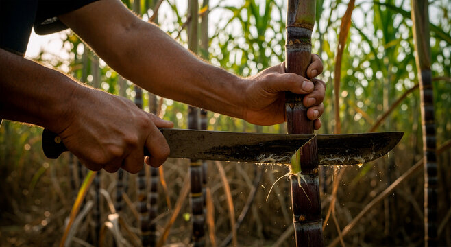 Farmer harvesting sugarcane with a machete in a field at sunset