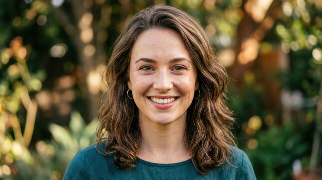 Smiling Woman with Wavy Hair in Lush Garden Setting.