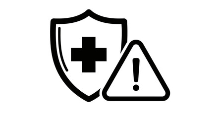 Fototapeta premium A shield with a cross and a warning triangle with an exclamation mark, representing health protection and potential risks or alerts in medical or safety contexts.
