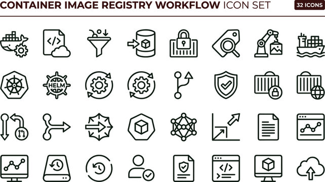 Container image registry workflow line icon set for cloud infrastructure dashboard ui devops automation and deployment management