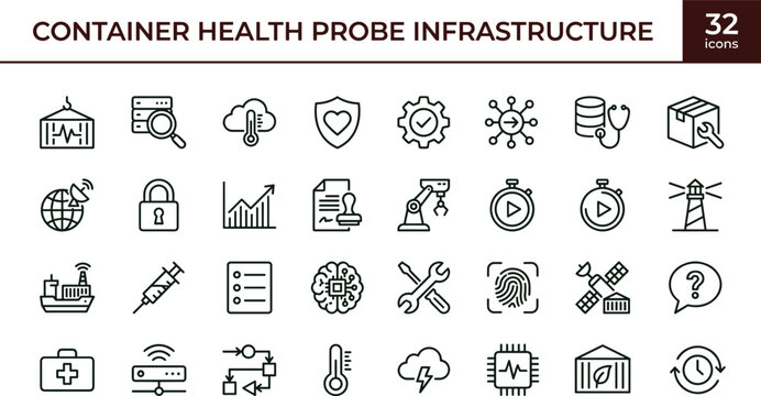 Container health probe infrastructure line icon set for cloud monitoring dashboard ui devops diagnostics and system reliability