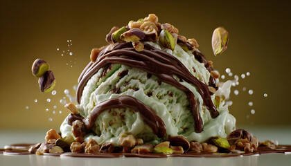 Obraz premium Advertising commercial food photography pistachio sundae dessert 4k AI generated video. Chocolate drizzle ice cream sundae creamy pistachio nuts gourmet