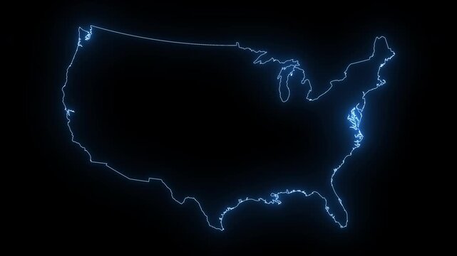 Animated neon glowing outline map of the united states on black background