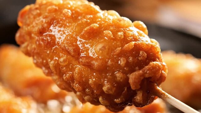 Golden Corn Dog Delight: Capturing a close-up of a delectable, golden-brown corn dog, sizzling with irresistible flavor, promising a delightful culinary experience.