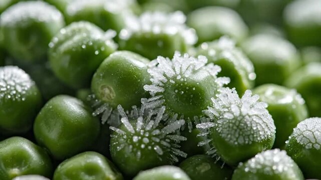 Frozen Peas: Captivating close-up of vibrant green peas, delicately adorned with a sparkling coat of frost, showcasing the refreshing coolness of nature's pantry.