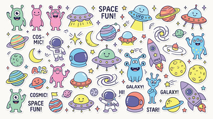 Cute outer space doodle vector set, hand drawn cosmic aliens and astronauts collection, colorful galaxy planets and UFO stickers for kids © DesignAura