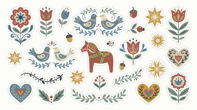 Scandinavian folk art sticker set, Nordic floral and animal illustrations, traditional Dala horse and bird motifs, rustic decorative vector elements
