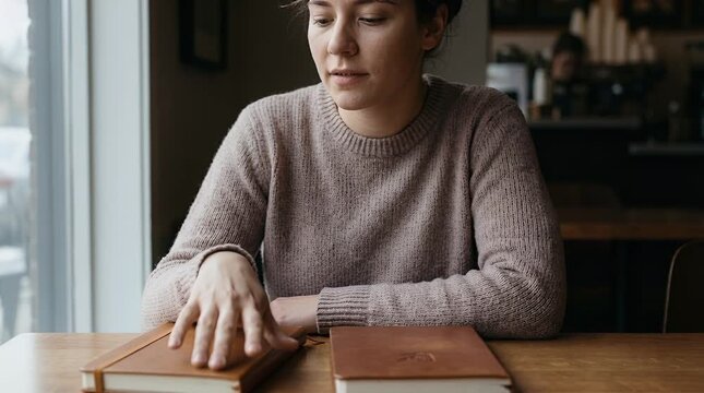 Woman reviews books sitting at table indoors natural light