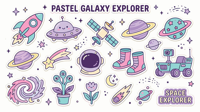 Pastel Galaxy Explorer sticker set, cute outer space vector icons with rocket and astronaut, kawaii cosmic universe collection for kids