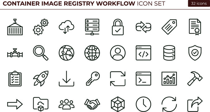 Container image registry workflow line icon set for cloud infrastructure dashboard ui devops deployment and repository management