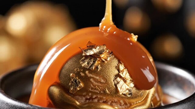 Golden Indulgence: A close-up view captures the artful drizzle of caramel sauce over a scoop of golden ice cream, sprinkled with delicate golden flakes, promising a taste of decadent luxury.