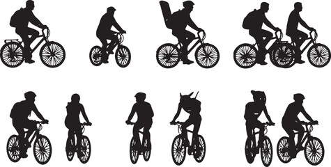 Obraz premium Black Solid Human And Robot Riding Bicycle Silhouettes Set of Six on White Background
