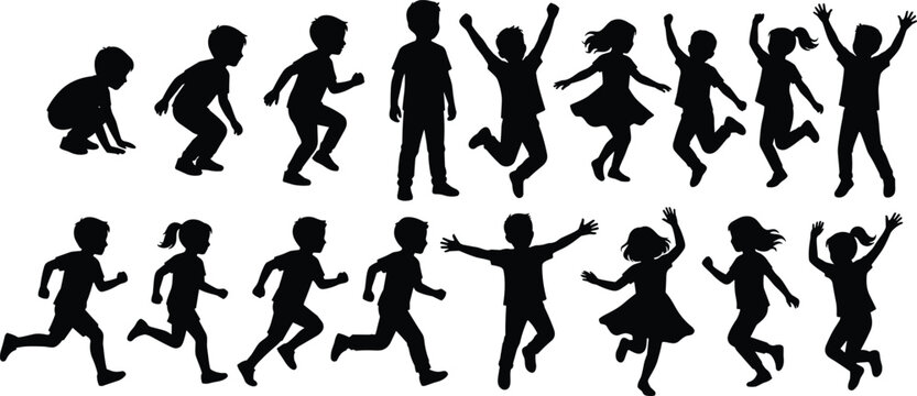 Black, silhouettes, of, a, large, group, of, children, in, active, poses, including, running, jumping, dancing, and, playing, isolated, on, white, background.