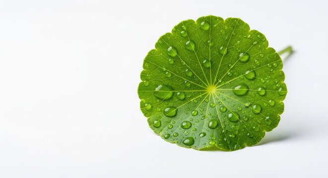 Vibrant green asiatic pennywort leaves covered in sparkling water droplets arranged on a clean white background for a fresh herbal look, nature, centella asiatica, skincare