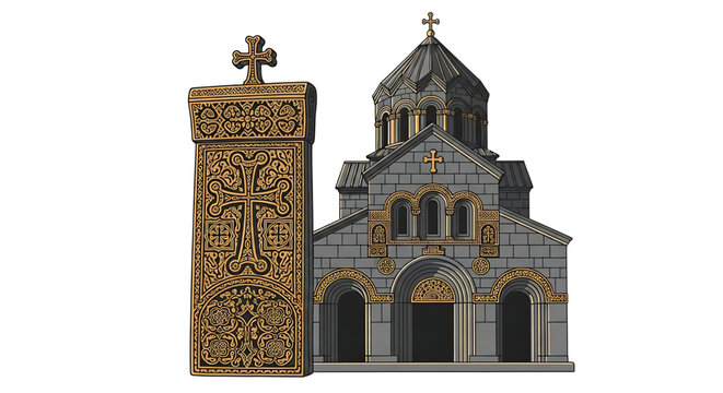 Armenian khachkar and traditional stone church architecture illustration