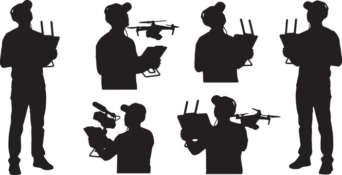Black Solid Drone Operator Tablet Controller Silhouettes Set of Six on White Background