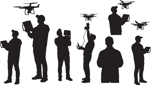 Black Solid Drone Operator Tablet Controller Silhouettes Set of Six on White Background