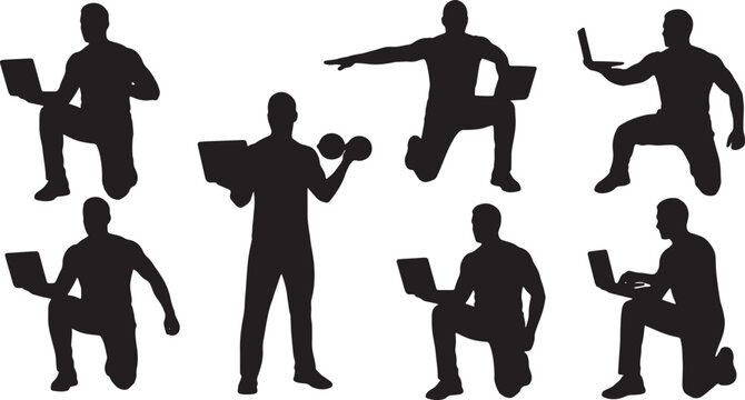 Black Solid Fitness Instructor Laptop Video Silhouettes Set of Six on White Background
