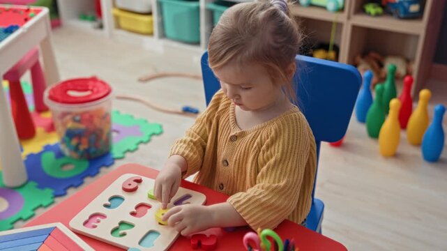Toddler girl placing wooden puzzle piece with hand at red table in playroom, seated on blue chair while sorting colorful shapes; quiet concentration.