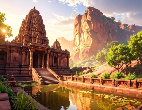 Banashankari Temple Badami Historic Temple Red Sandstone Architecture Karnataka Cultural Heritage Landscape