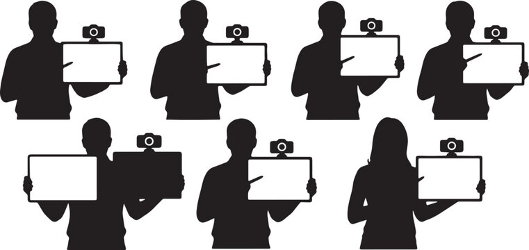 Black Solid Online Tutor Mini Whiteboard Camera Silhouettes Set of Six on White Background