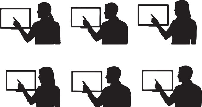 Black Solid Online Tutor Mini Whiteboard Camera Silhouettes Set of Six on White Background