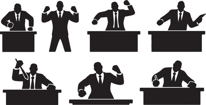 Black Solid Powerful Executive Slamming Desk Silhouettes Set of Six on White Background