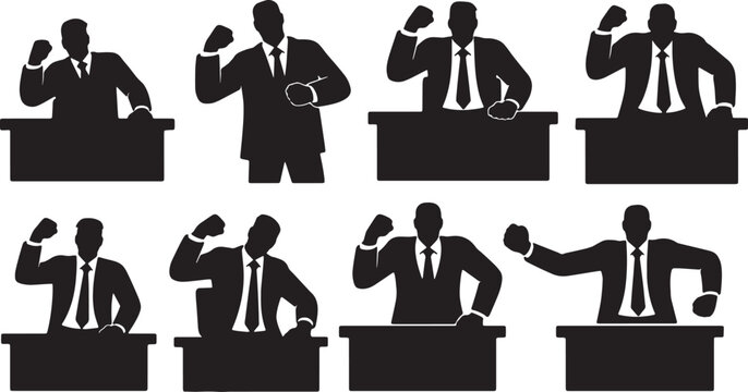 Black Solid Powerful Executive Slamming Desk Silhouettes Set of Six on White Background