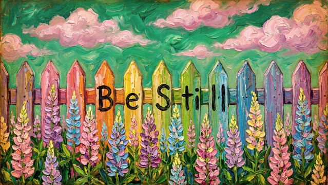 Emerald Garden Psalm 46:10 Scripture and Pink Clouds - The Emerald Sanctuary Materic Oil Painting