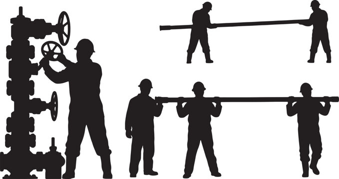 Black Solid Outdoor Oil Rig Worker Silhouettes Set of Six on White Background