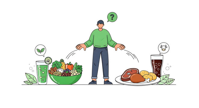 Person choosing between plantbased vegan food and meatbased diet