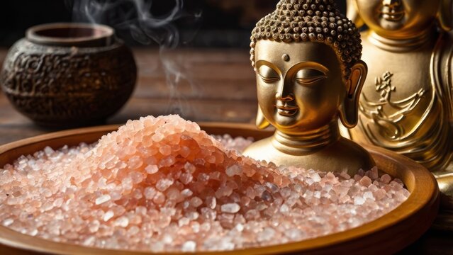 Golden Buddha Statue with Pink Himalayan Salt Crystals and Incense Smoke - Zen Spa and Meditation Concept