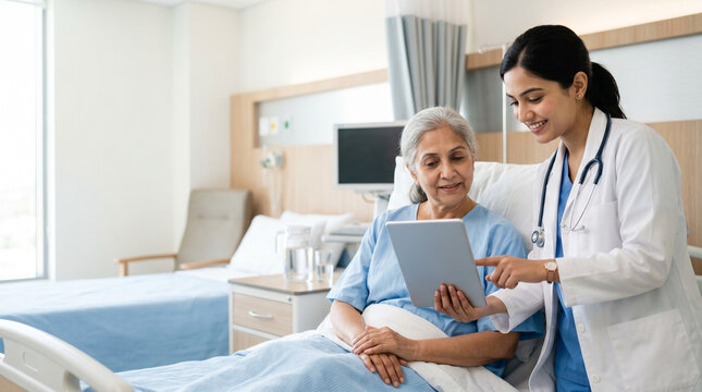 professional indian female doctor assisting senior woman patient with tablet in modern hospital room for digital healthcare and patient support concept