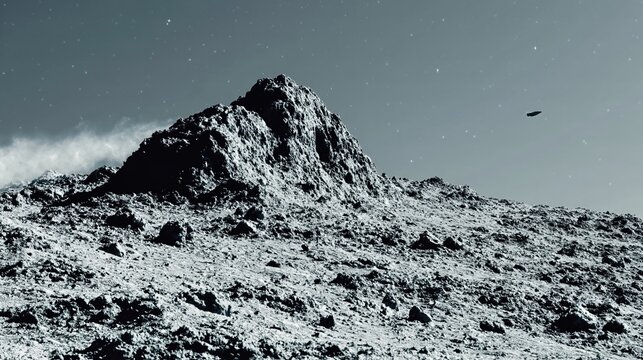 Ufo flying over rocky alien landscape. Spaceship approaching extraterrestrial mountain ridge under starry sky. Sci-fi space exploration and discovery concept.