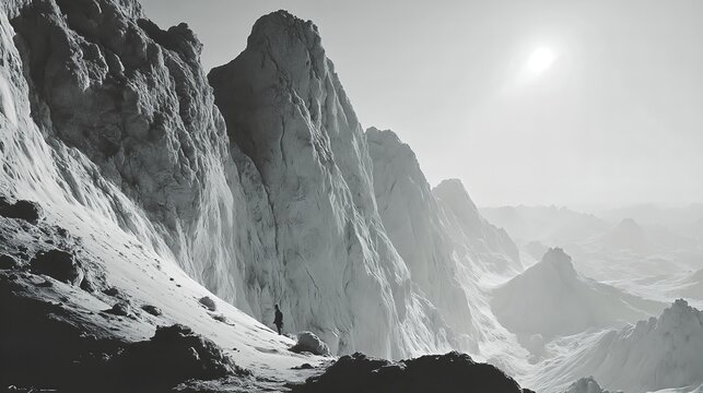 Astronaut standing on rugged alien mountain ridge overlooking vast extraterrestrial landscape with rising sun. Space exploration and planetary discovery adventure.