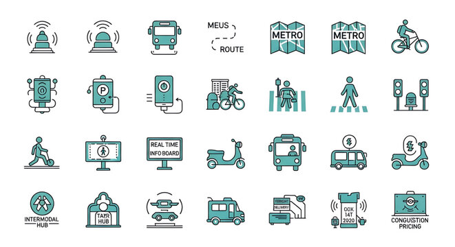 Set of transportation and urban mobility icons, including public transport, cycling, walking, and smart city infrastructure