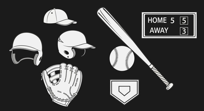 Baseball equipment, including a bat, ball, glove, and helmets, with a scoreboard showing a game.