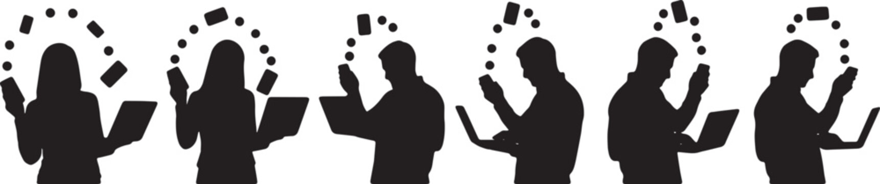 Black Solid Multi Device User Silhouettes Set of Six on White Background